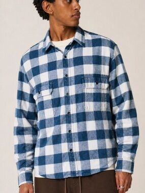 Outdoor Classic Large Cotton Button Up Shirt Plaid Blue White